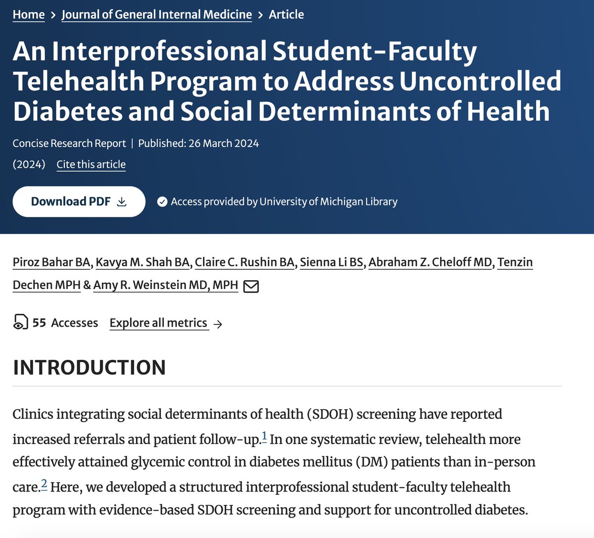 Piroz Bahar (@pirozbahar) on Twitter photo I am excited to share that the team of students at Harvard's Crimson Care Collaborative and my work on An Interprofessional Student-Faculty Telehealth Program to Address Uncontrolled Diabetes and Social Determinants of Health was published by <a href="/JournalGIM/">JGIM Journal of General Internal Medicine</a>! I am excited to share that the team of students at Harvard's Crimson Care Collaborative and my work on An Interprofessional Student-Faculty Telehealth Program to Address Uncontrolled Diabetes and Social Determinants of Health was published by <a href="/JournalGIM/">JGIM Journal of General Internal Medicine</a>!