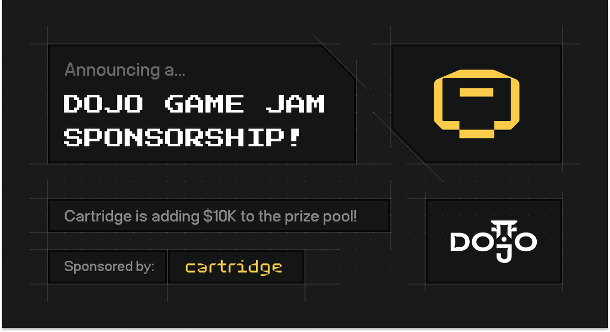 Cartridge is adding $10K to the prize pool for the next @ohayo_dojo Game Jam!! 👾 Starts Friday 4/5 at 00:00:00 UTC!! 🤫 Winning teams automatically qualify for the Cartridge Developer Partnership Program (details soon) Sign up here: itch.io/jam/dojo-game-…