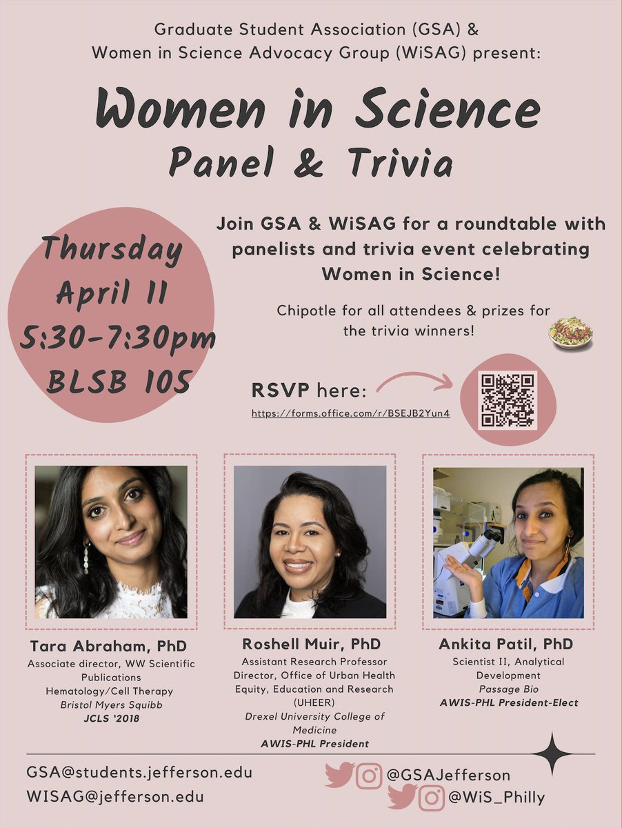Join GSA/WiSAG for a roundtable with panelists and trivia event celebrating Women in Science! Our panelists are women who have shown excellence in their field and will provide guidance for students who wish to learn from their experiences.

RSVP (req.): forms.office.com/r/BSEJB2Yun4