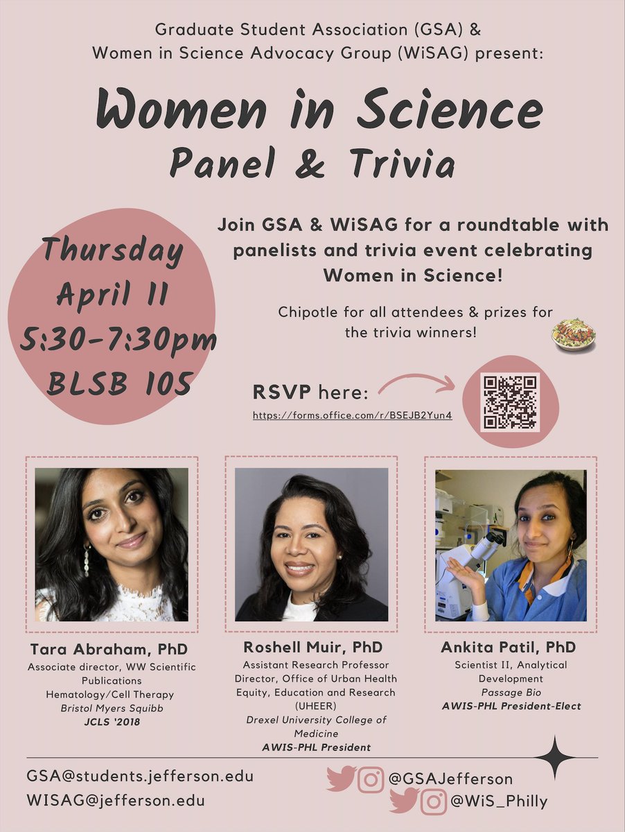 Join GSA/WiSAG for a roundtable with panelists and trivia event celebrating Women in Science! Our panelists are women who have shown excellence in their field and will provide guidance for students who wish to learn from their experiences. RSVP (req.): forms.office.com/r/BSEJB2Yun4