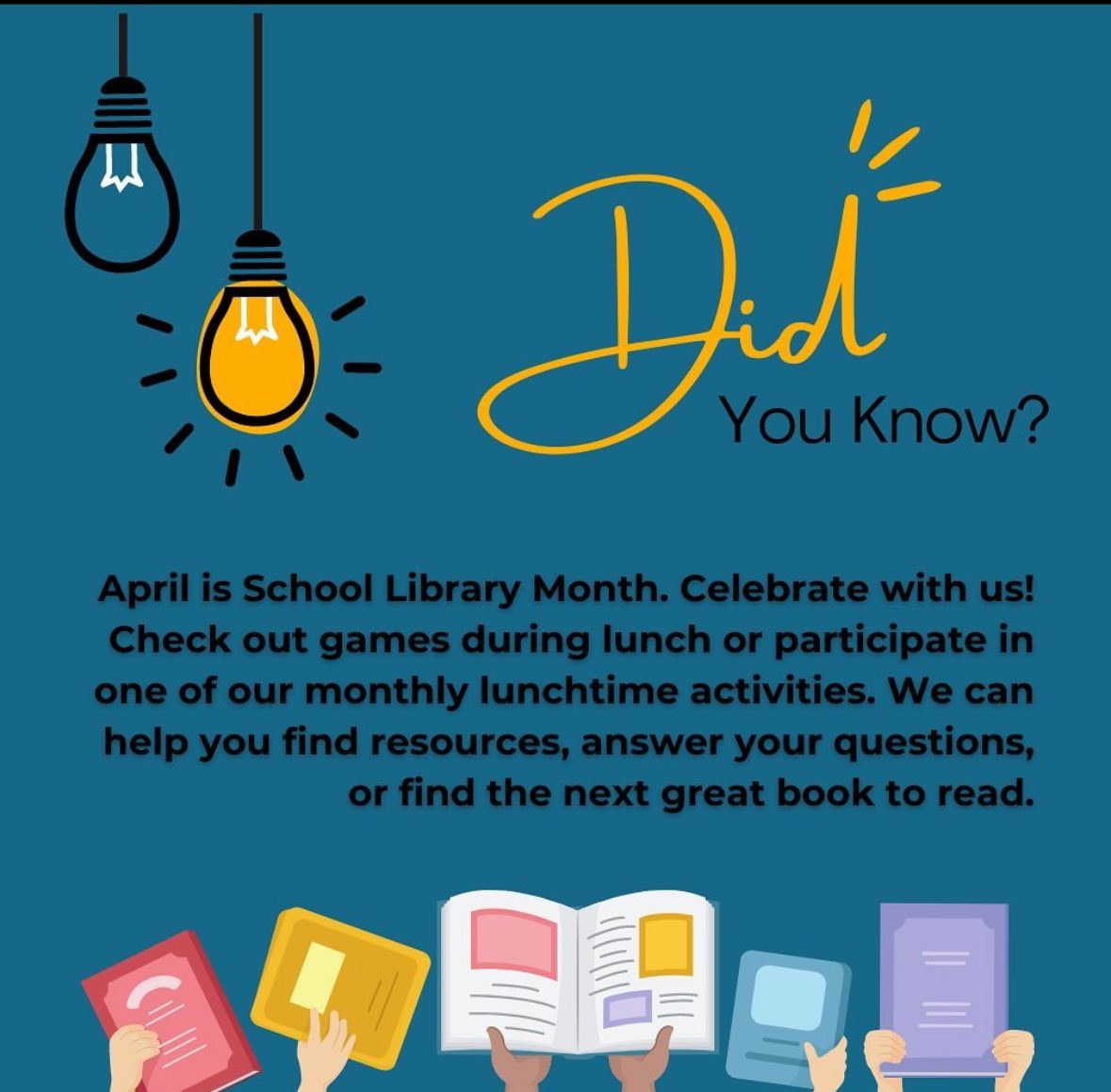 Celebrate School Library Month by visiting our Library! Did you know the Kaiser HS Library is also open evenings and Saturdays as a SB County Library?! 📚📖🤓💚