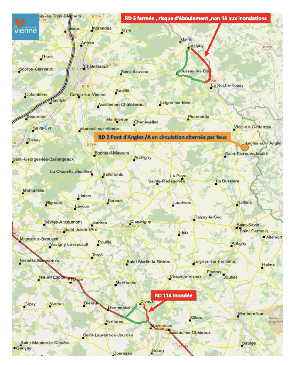 #Inondations. Point de situation sur les routes dans la #Vienne :
🟢 RD 8 Valdivienne/#Chauvigny réouverte
🟢 RD 2 Pont d’Angles sur l’Anglin réouvert en circulation alternée par feux
⚠️RD 114 RN 147 à #Civaux toujours inondée et fermée, déviation par RN 147 et RD 83