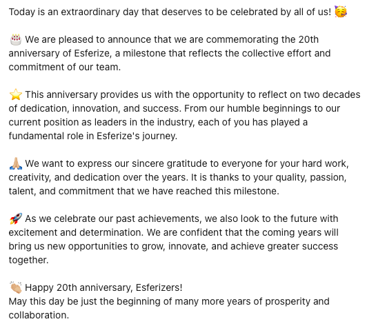 esferize's tweet photo. Today is an extraordinary day that deserves to be celebrated by all of us! 🥳

🎂 We are pleased to announce that we are commemorating the 20th anniversary of Esferize.

🙏🏼 May this day be just the beginning of many more years of prosperity and collaboration. https://t.co/al0vlzLgoB