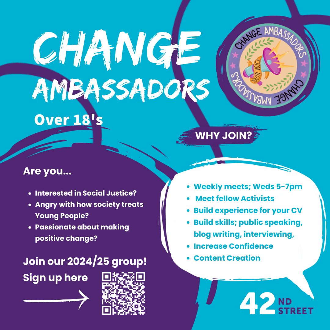 A group...that advocates for the youth voice, is passionate about making positive change and tackling issues and barriers that young people may face within their local communities, nationally or politically.⁠

Find out more & sign up here:⁠
42ndstreet.org.uk/event/change-a…⁠

#MCRYouth