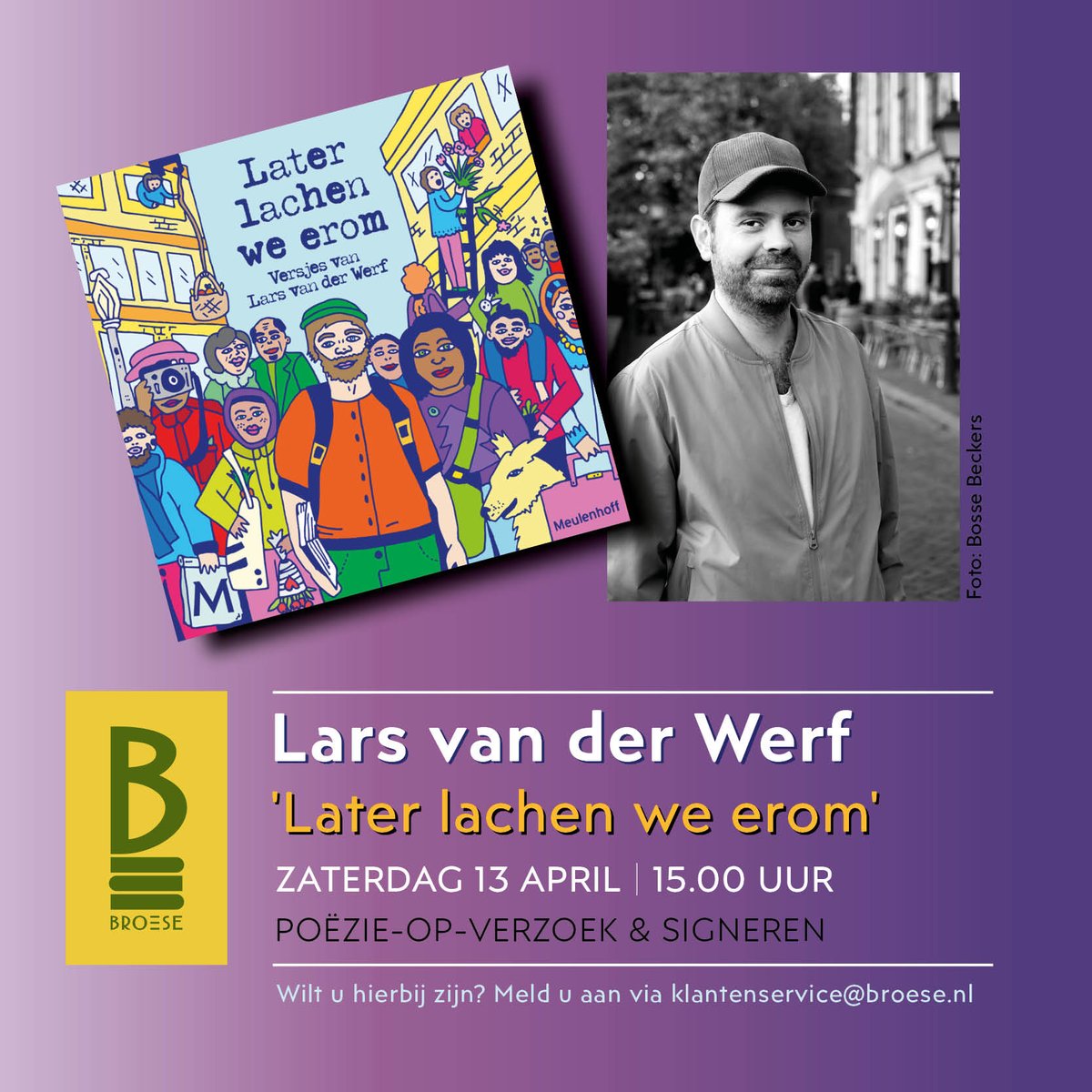 10 april verschijnt de nieuwe bundel van Lars van der Werf (<a href="/VersjesvanLars/">Lars van der Werf</a> ), ‘Later lachen we erom’, en op zaterdag 13 april komt hij deze signeren bij Broese! En niet alleen dat, Lars neemt ook zijn typemachine mee en schrijft versjes op verzoek! Info: broese.nl/agenda/poezie-…