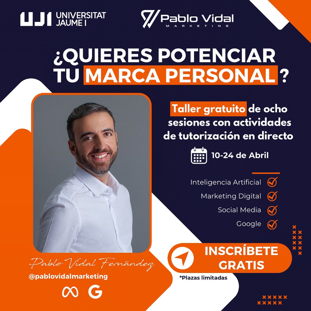 pablovidalmkt's tweet image. 🚀 Taller gratuito de Marca Personal con IA con aval de @UJIuniversitat 🚀
Lo que dices o haces, forma parte de tu marca personal y gracias a las herramientas de Inteligencia Artificial, puedes potenciar tu marca de manera profesional. 
Inscríbete: lnkd.in/gmZ6_j_C