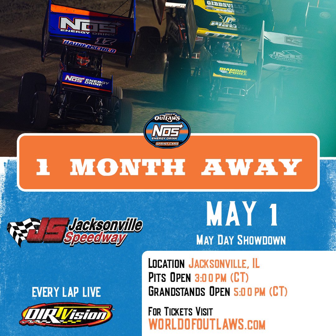 Midweek bullring action? Yes please 🤤 The World of Outlaws @NosEnergyDrink Sprint Cars are a month from returning to Illinois’ @JaxSpeedway for the first time in 3 years! 𝗧𝗜𝗖𝗞𝗘𝗧𝗦 🎟️ jacksonvillespeedway.com 𝗜𝗡𝗙𝗢 ℹ️ worldofoutlaws.com/sprintcars/sch…