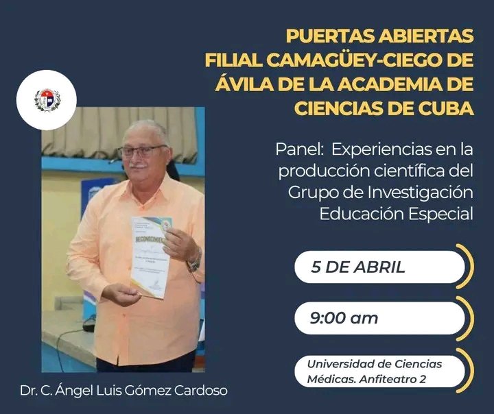📢Atención👇

🙌Regresa este viernes 5 de abril el espacio de socialización científica Puertas Abiertas de la Filial #Camagüey- #CiegoDeÁvila de la Academia de Ciencias de #Cuba. 

#PuertasAbiertasACC
#EducaciónEspecial
#UCCuba
#CienciaCubana