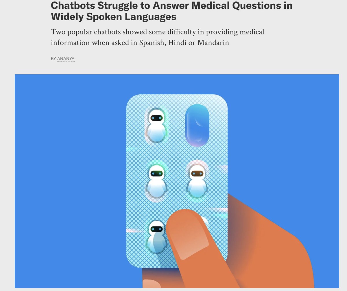 Our work on cross-lingual evaluation of LLMs was covered in Scientific American @sciam 🙌🏼 @AhrenJin and I talked about our findings and implications of our work to make healthcare more equitable 🌏 Link: shorturl.at/grAJR Thanks @punarpuli, for such a fantastic article!