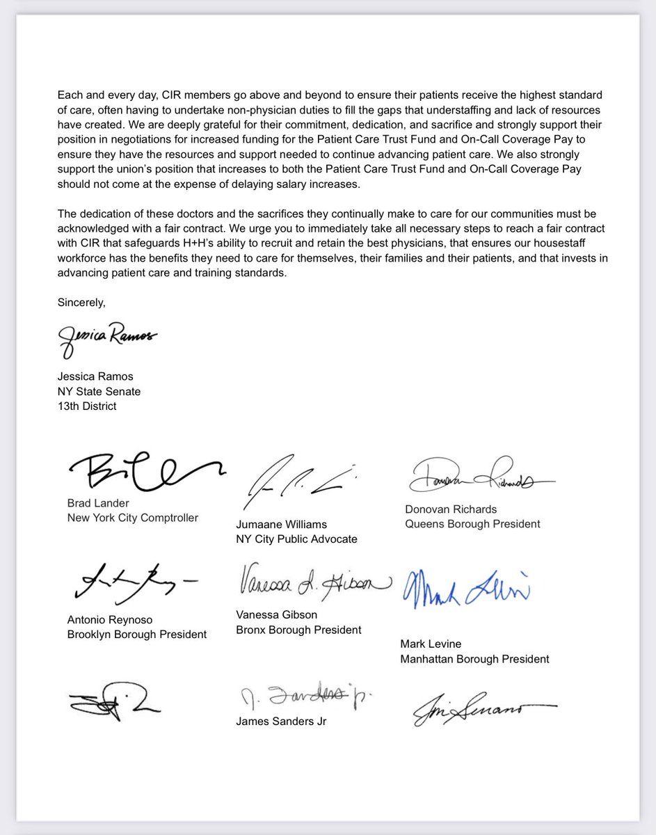 Over 60 elected officials throughout New York have signed onto this letter by @NYSenatorRamos calling on @NYCMayor to reach a fair contract with the thousands of resident physicians & fellows at the city’s public hospitals who provide frontline care to NYC communities every day.