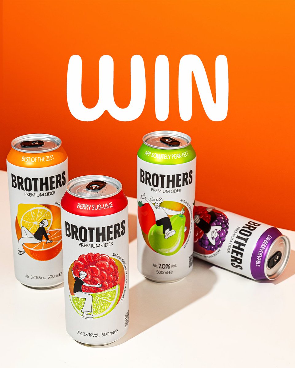 WIN! 😍 4 lucky winners will each #win a case of: Best of the Zest, Berry Sub-Lime, Un-Berrylievable &amp; App-Solutely Pear-Fect!

To enter:
🍎RT this post
🍋Follow @brotherscider
🍐Tag a buddy 

T&amp;Cs brotherscider.co/terms. Ends 09.04.24. Over 18's GB residents only. #giveaway