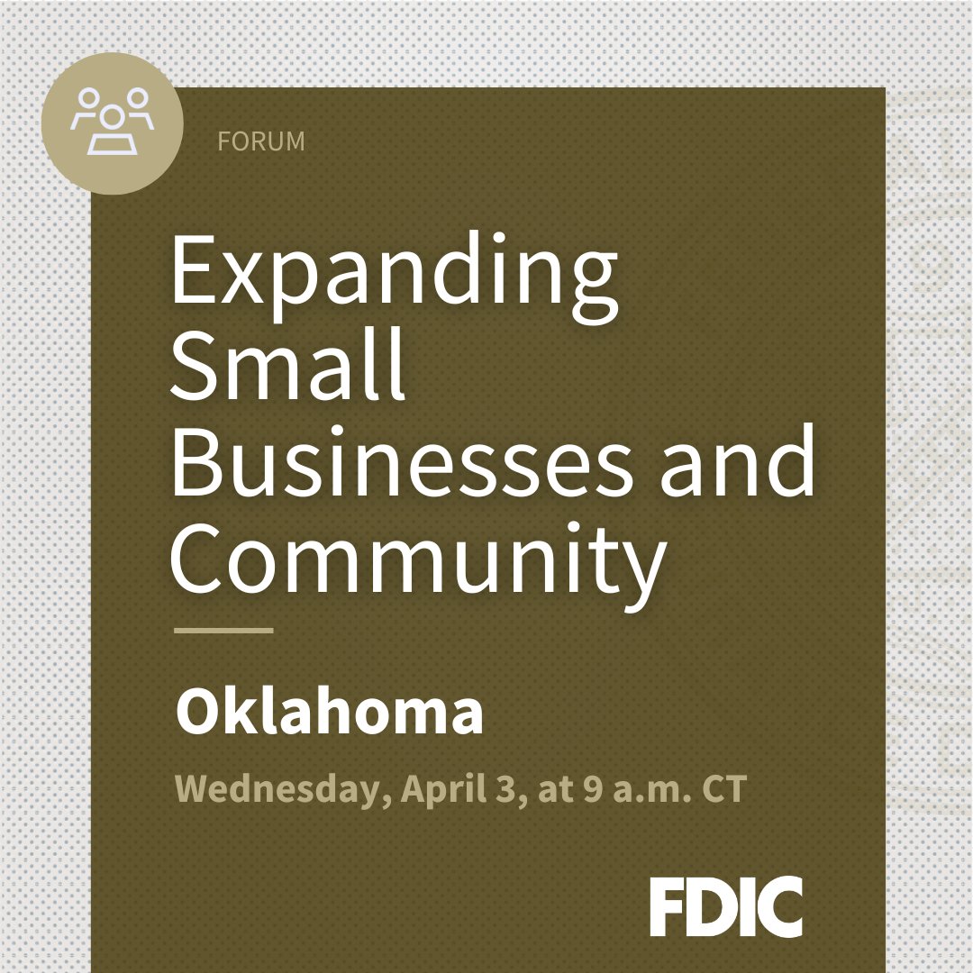 FDIC (@fdicgov) on Twitter photo We're hosting a forum to discuss small business expansion in the historic Greenwood District of <a href="/cityoftulsagov/">City of Tulsa</a>, Oklahoma. Join us tomorrow to hear about opportunities to support small businesses, including access to capital and economic development.
fdic.gov/resources/cons… We're hosting a forum to discuss small business expansion in the historic Greenwood District of <a href="/cityoftulsagov/">City of Tulsa</a>, Oklahoma. Join us tomorrow to hear about opportunities to support small businesses, including access to capital and economic development.
fdic.gov/resources/cons…