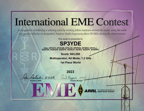 Dear Friends! We took a 1st place during the ARRL EME Contest 2023 in a 1,2 GHz All Mode competition of 6 multioperator teams. 116 QSOs approved, 134.000 points more than in 2022. We would like to thank all participants who had a contact with us. SP3YDE Team🇵🇱📡 🌘