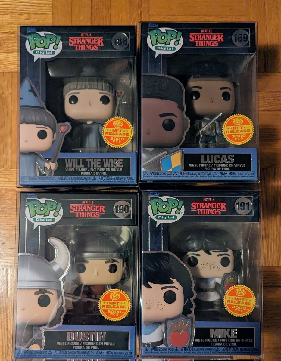 Deal alert🚨 for sale: set of 4 NFT stranger things for 250 US shipped. USA and Canada only. PayPal only. Follow and DM me @DisTrackers @JoMomma29 @FunkoFien @funkofinderz @TheFunkoBros @Hellrais3r13 @tdragons345 @thec0llect0r1 @HitmanMichael22 plz RT