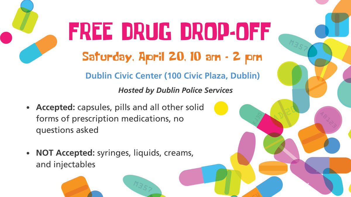 Don’t flush those expired medications! Wastewater treatment does not completely remove drugs and traces will end up in the San Francisco Bay. Instead, take advantage of @DublinPIO Prescription Drug-Take Back Event. Learn more at dublinprideweek.com