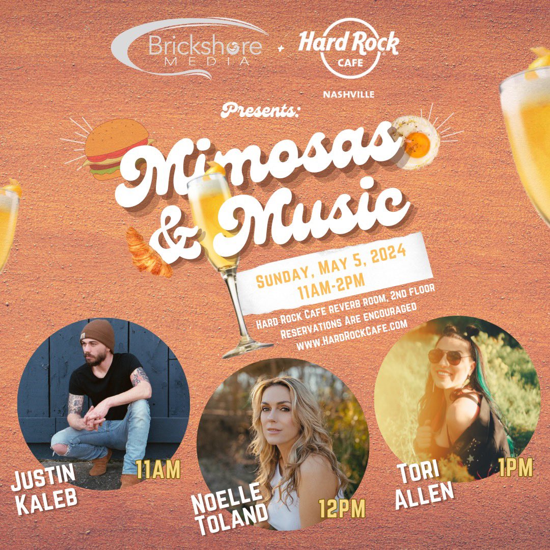 🚨SHOW ALERT! 

Our partnership with <a href="/HardRock/">Hard Rock Cafe</a> continues with our next MIMOSAS &amp; MUSIC on Sunday, May 5th from 11AM-2PM. This show will include music by <a href="/justinkaleb_/">Justin Kaleb</a> , <a href="/NoelleToland/">Noelle Toland</a> and <a href="/ToriAllenMusic/">Tori Allen</a>! 🎶