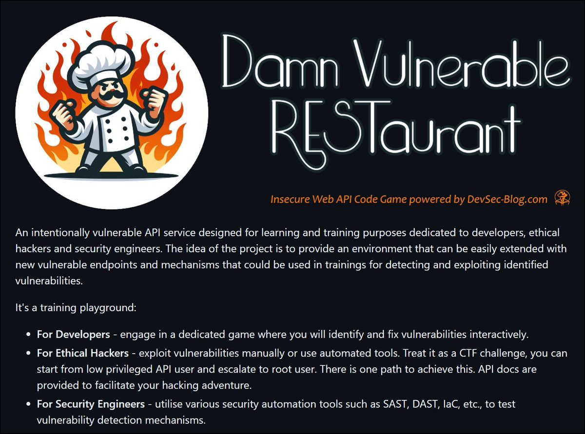 𝗗𝗮𝗺𝗻 𝗩𝘂𝗹𝗻𝗲𝗿𝗮𝗯𝗹𝗲 𝗥𝗲𝘀𝘁𝗮𝘂𝗿𝗮𝗻𝘁 - is an intentionally vulnerable Web API game for learning and training purposes dedicated to devs, ethical hackers, and security engineers. Blog: buff.ly/3vAM9Jh Repo: buff.ly/3J2xjhT #CyberSecurity
