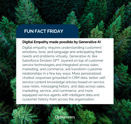 OpMentors's tweet photo. Embrace digital empathy with Salesforce Einstein GPT! 🌐 Dive into how Generative AI is redefining customer connections for the better. We're locked in on AI's role in evolving customer relationships. 💡 #DigitalEmpathy #CustomerExperience #AI https://t.co/WdSuZjjNAT