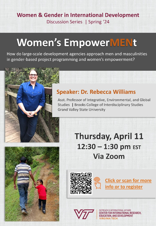 Join the final Women and Gender in International Development Discussion Series event of this spring semester on April 11, 2024, at 12:30-1:30 pm, featuring Dr. Rebecca Williams of Grand Valley State University! Register here: rb.gy/wwdlk9