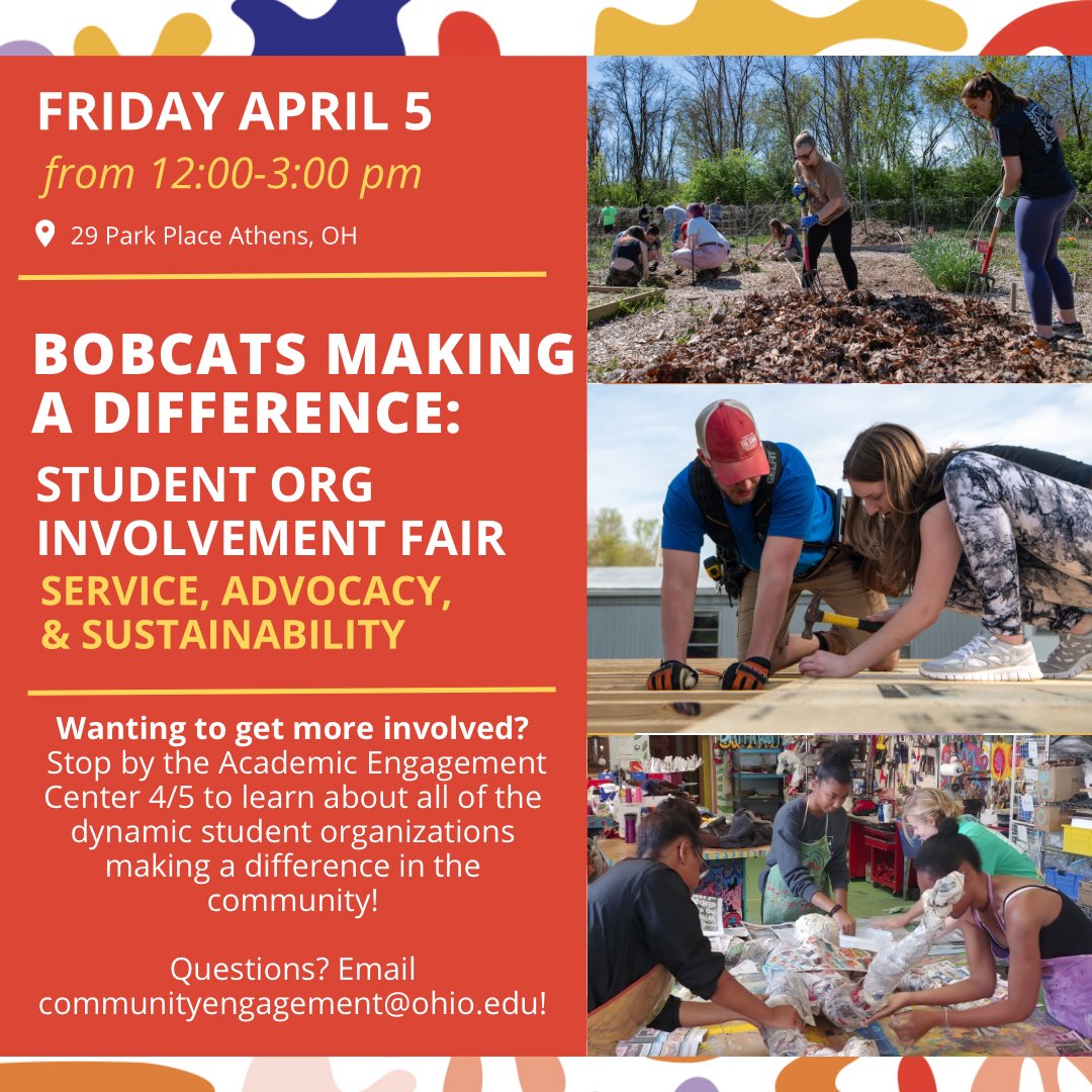 Join us for the first ever Bobcats Making a Difference student involvement fair this Friday, April 5 at 12PM at 29 Park Place. Stop by to learn more about the student organizations on campus making a difference in the community. 
Register your org at communityengagement@ohio.edu