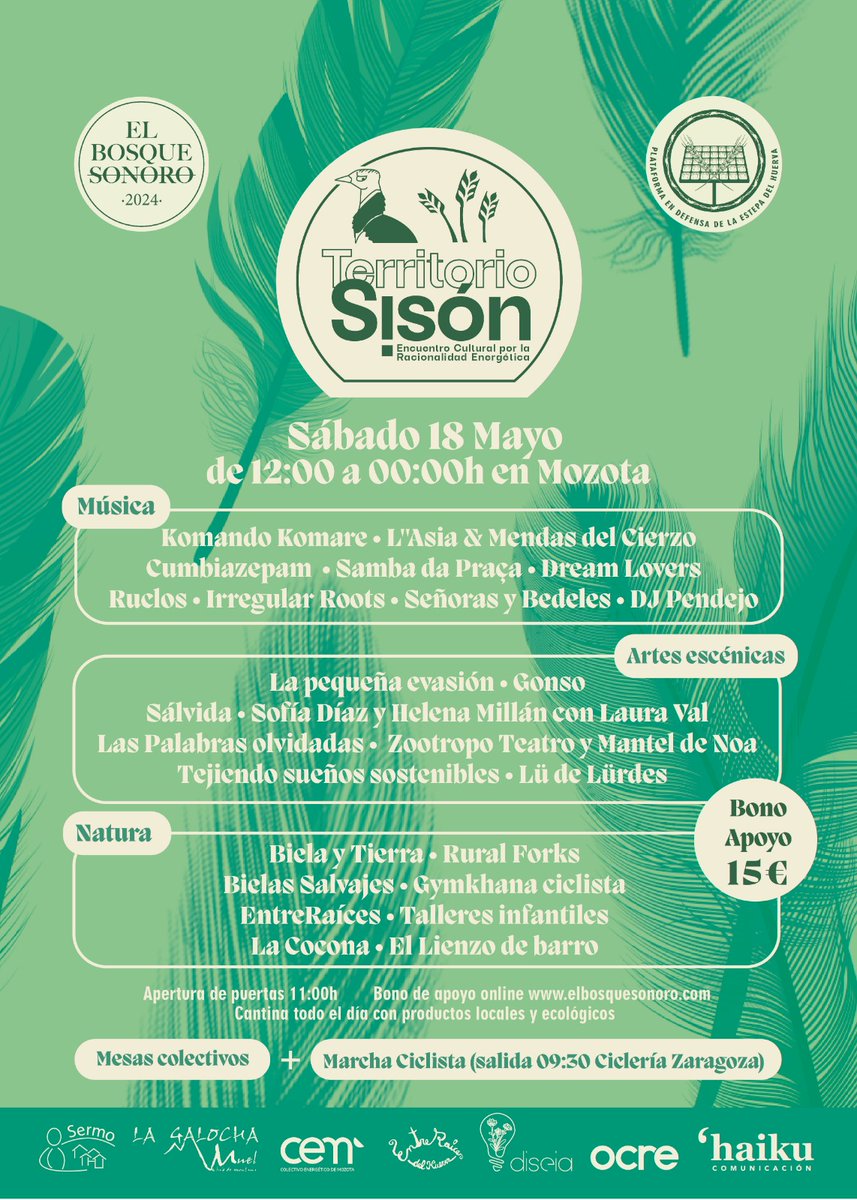 🦅🌾TERRITORIO SISÓN: Encuentro Cultural por la Racionalidad Energética. Sábado 18 de Mayo. Mozota. De 12h a OOh. Organiza: Plataforma en Defensa de la Estepa del Huerva y el Bosque Sonoro. Bono de apoyo 15€. Comida popular 12€. Más info y entradas: elbosquesonoro.com/territorio-sis…