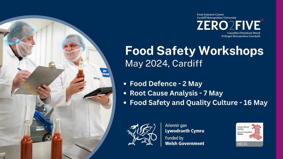 📢Food Safety Workshops – May 2024 (Cardiff) We’re hosting a series of workshops which will give an overview of a number key food safety topics for Welsh food and drink businesses. Find out more and register now: eventbrite.co.uk/o/zero2five-fo…