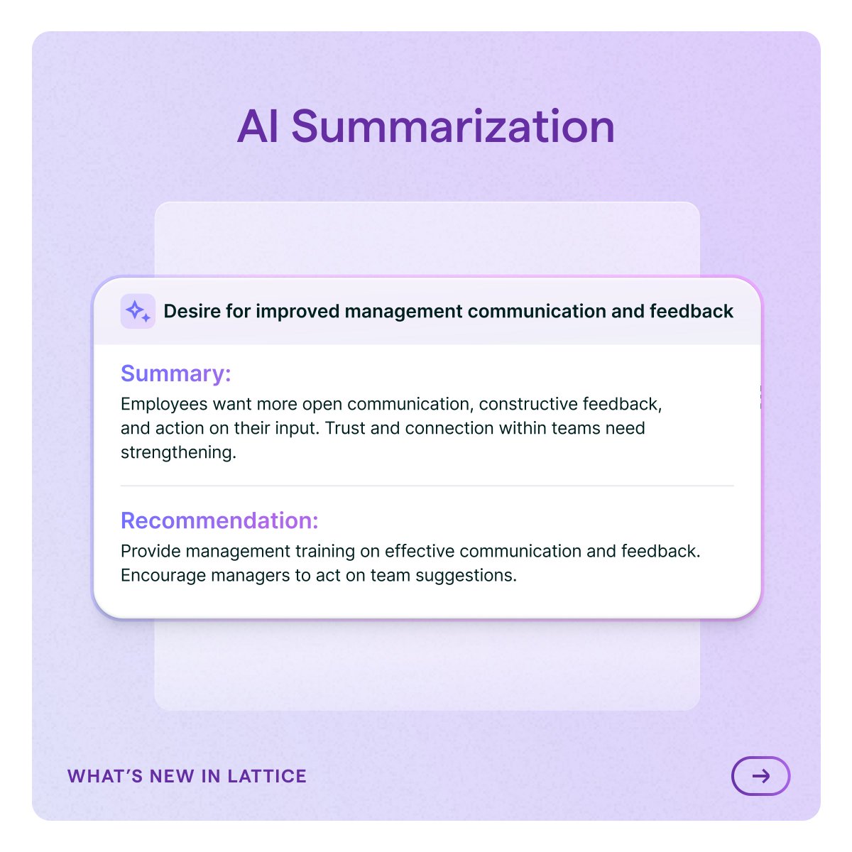 Save hours when reviewing engagement surveys with Lattice AI Engagement Insights, powered by @OpenAI. Receive key trends, summaries, and recommended actions — all in just seconds: bit.ly/3TbPDtE