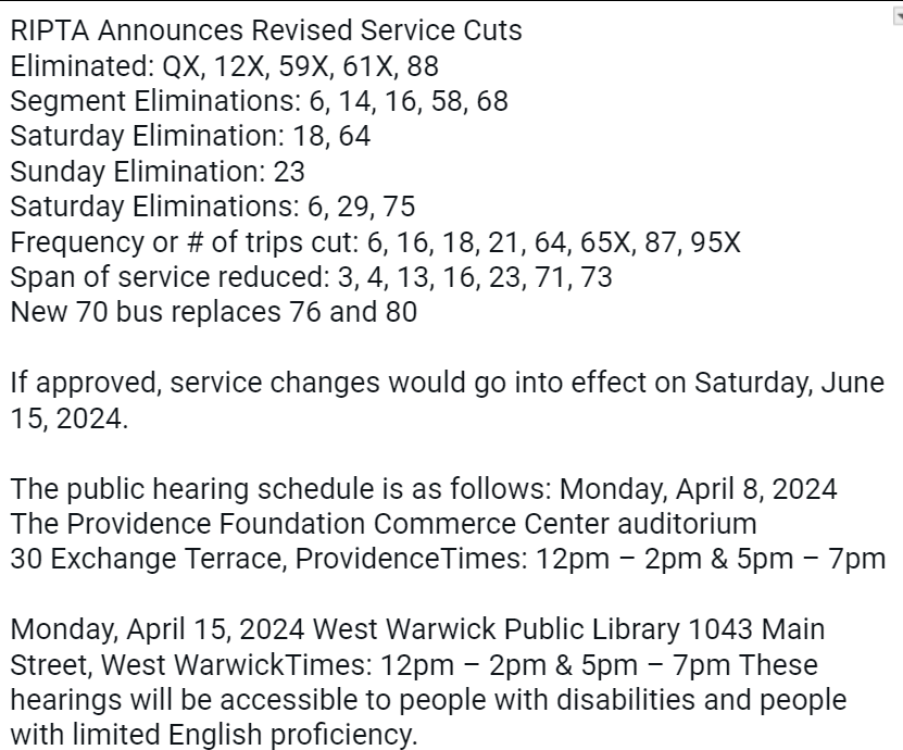 RIPTA's new attempt at service cuts. Let's inform the state that no level of service cuts are acceptable. These are cuts from workplaces, social services, colleges. Fast and more frequent service attracts more riders, not cuts that threaten the entire system.