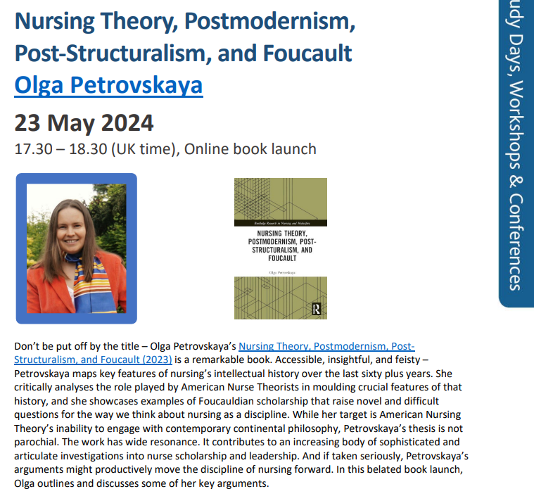 23rd May - 17:30 UK time - online seminar. Nursing Theory, Postmodernism, Post-Structuralism, and Foucault (a belated book launch). To secure a place go to forms.office.com/pages/response…