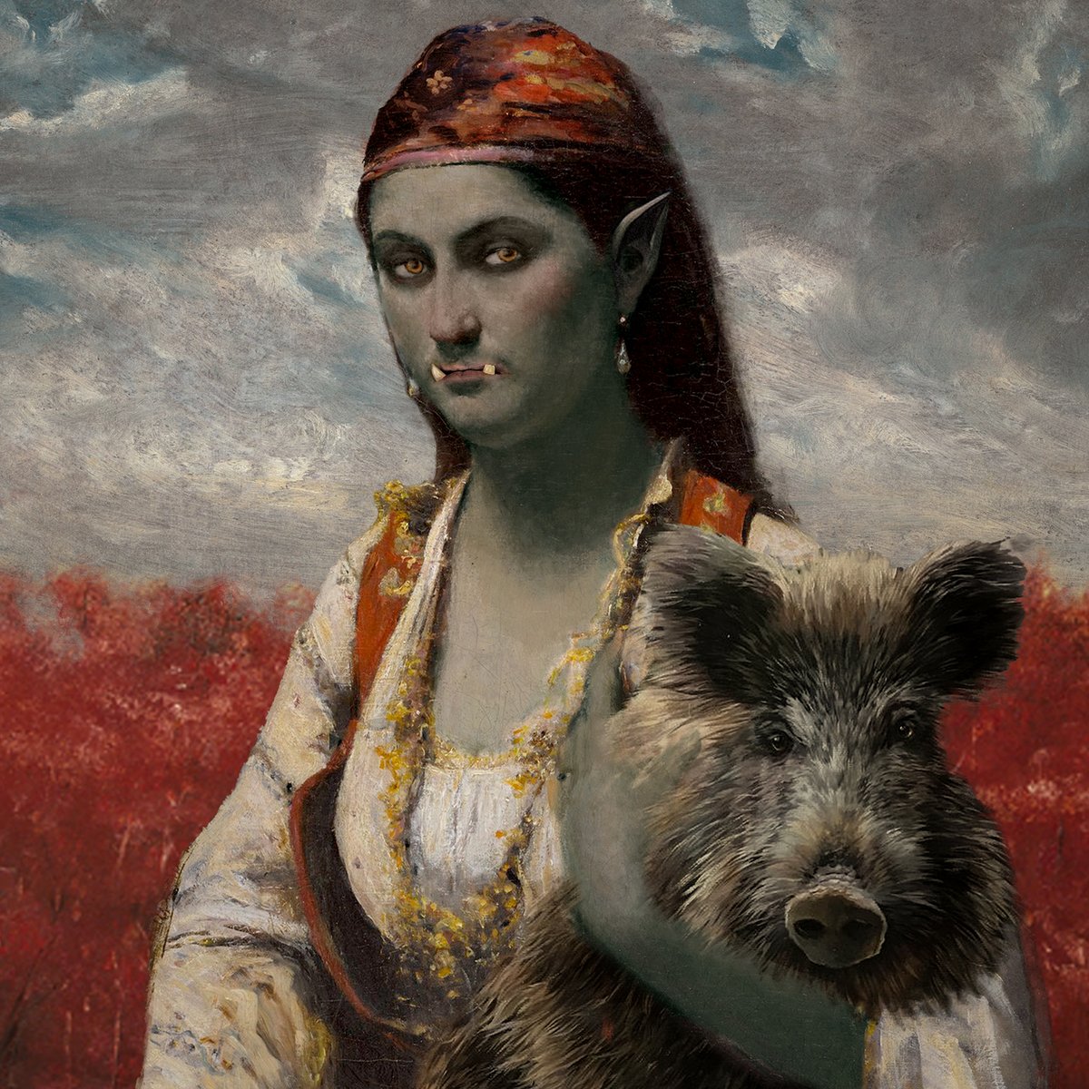 CodexInversus's tweet photo. An Orc Lady with a pet boar, and behind her, red sorghum fields.

#codexinversus #collage #digitalcollage #dndart #fantasyart #orc #orcs #orcwoman #orclady https://t.co/r2mFvGXjke