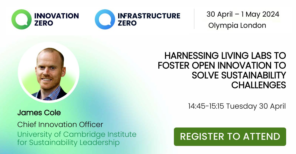 Join our CIO James Cole at this year's @_InnovationZero to find out more about harnessing the innovative potential of #LivingLabs for sustainability challenges. Find out more about the CISL Living Lab 👉 bit.ly/48WDD50 Register here 👉 invt.io/1txb3zb6jct