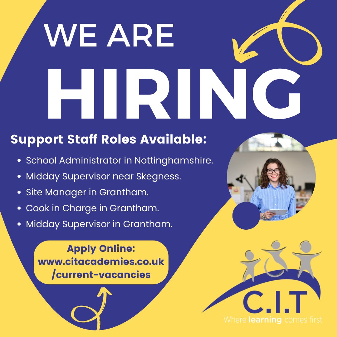 👨‍🏫 𝗦𝘂𝗽𝗽𝗼𝗿𝘁 𝗦𝘁𝗮𝗳𝗳 𝗩𝗮𝗰𝗮𝗻𝗰𝗶𝗲𝘀 👩‍🏫 Take a look at these great opportunities! citacademies.co.uk/current-vacanc… #edujobs #admin #sitemanager #cook #chef #middaysupervisor #skegness #grantham #notts #bingham #lincs