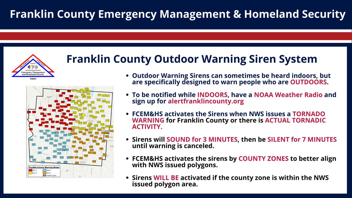 Reminder: Although tornado sirens can sometime be heard indoors, they are there to alert people who are outside. If indoors, please sign up for alertfranklincounty.org & have a NOAA Weather Radio.