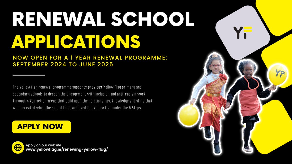 🥳💛Were you last awarded a Yellow Flag during the years 2016 up to 2021?💛🥳Are you ready to renew your Yellow Flag ? We are open for applications for our 1 year renewal programme for Sept 2024. Closing date is Monday 22nd April 2024 . To apply visit: yellowflag.ie/renewing-yello…