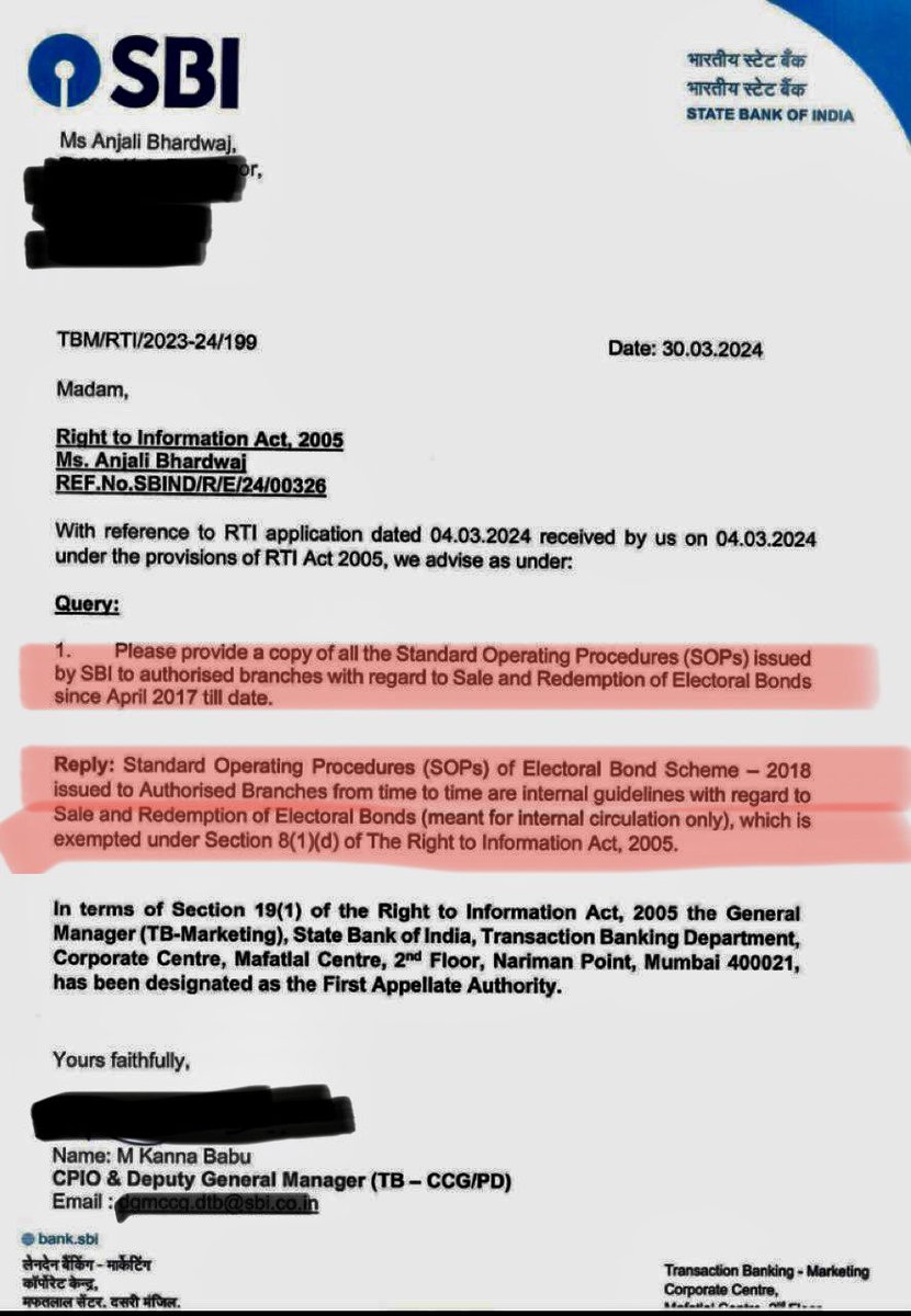 Secrecy around #ElectoralBonds continues- SOP reg sale & redemption of bonds denied by SBI under RTI. SOP wud reveal if SBI had to note alphanumeric code in EB transactions or was it done illegally to track bonds. Finance Ministry had stated code could not be used to track bonds.