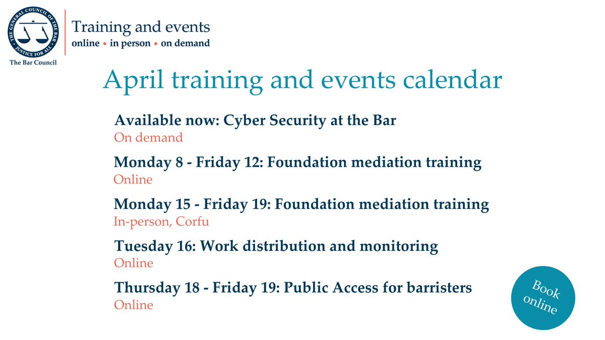 📅Make sure you have secured your place for the training and events taking place in April. View our calendar and book today: barcouncil.org.uk/training-event… Don't forget, BRF subscribers receive 20% off all training and events.
