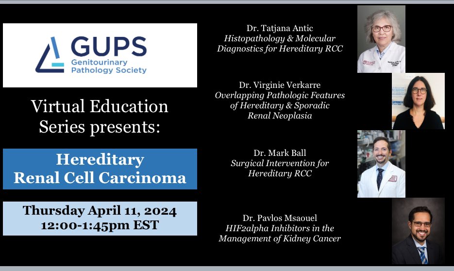 **GUPS Virtual Education Series is back with a new exciting topic** Topic: Hereditary Renal Cell Carcinoma When: 4/11/2024 Time: 12-1:45PM EST Register at Zoom link below   us02web.zoom.us/webinar/regist…