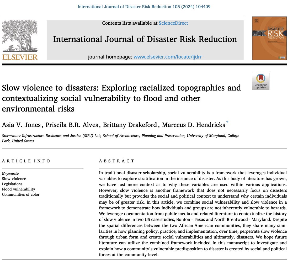 I’m so excited about the latest publication of the @sirjLab! We put together a framework that integrates Slow Violence and Social Vulneravility to Disasters. In the paper, we discuss the interconnects of the concepts in Texas and Maryland! See more: authors.elsevier.com/c/1ipql7t2zZHC…