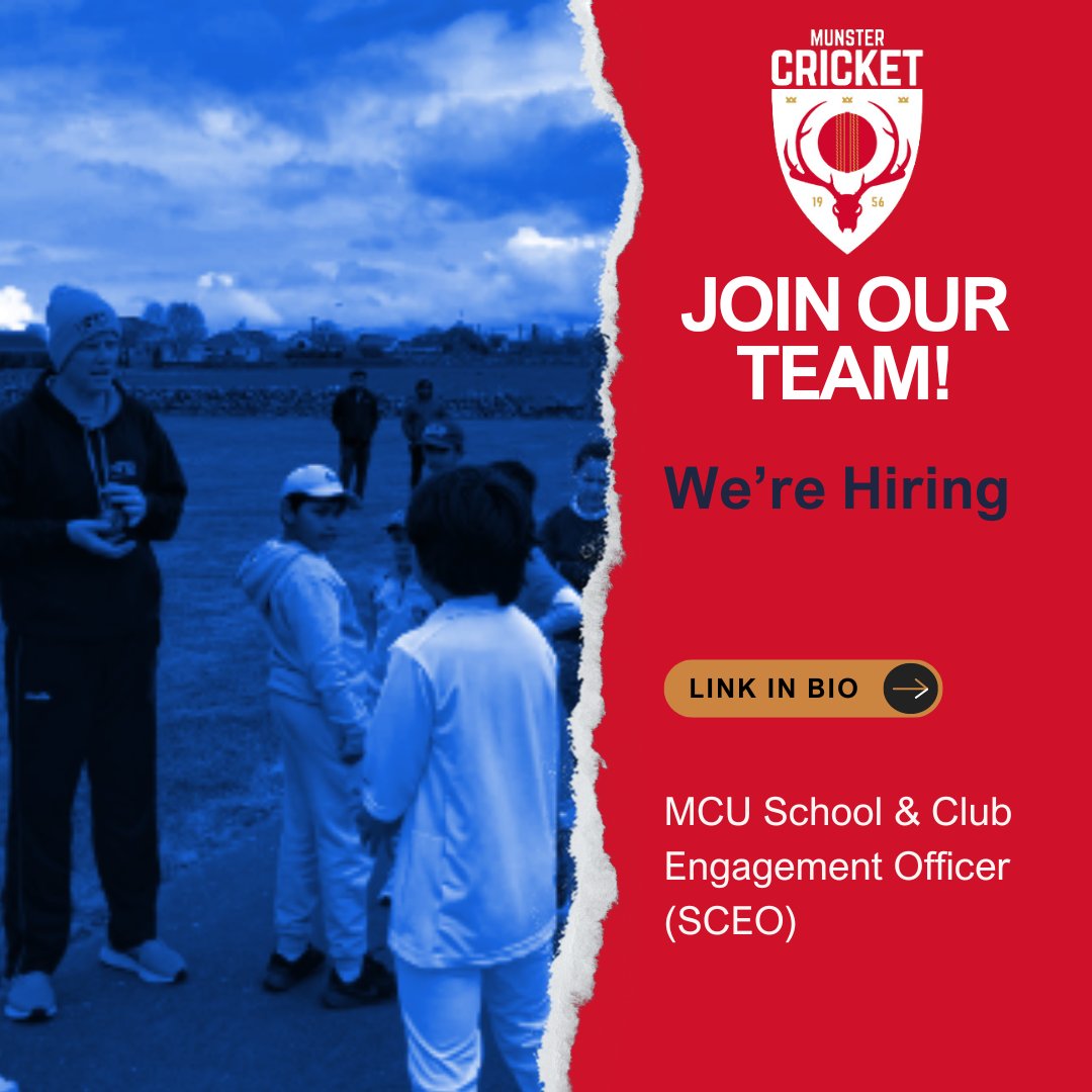 The Munster Cricket Union would like to announce two new positions, Schools & Clubs Engagement Officer - Limerick Schools & Clubs Engagement Officer - Cork Link munstercricket.ie/mcu-school-clu…