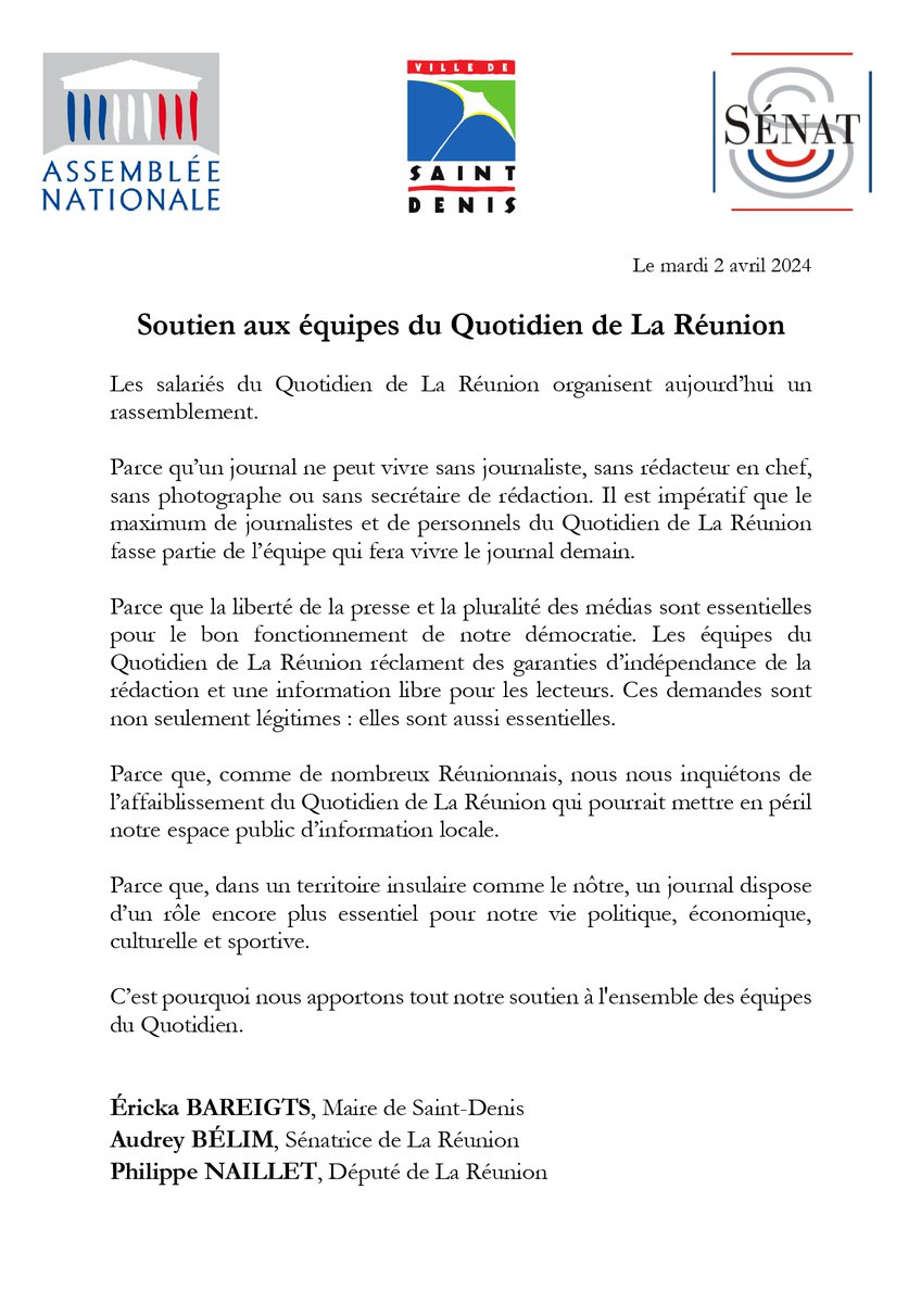 Parce qu’un journal ne peut vivre sans journaliste, sans rédacteur en chef, sans photographe ou sans secrétaire de rédaction. Il est impératif que le maximum de journalistes et de personnels du Quotidien de La Réunion fasse partie de l’équipe qui fera vivre le journal demain...