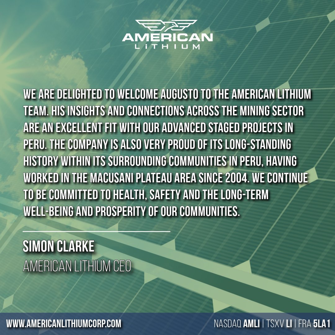 With the close of March, we announced an important addition to our team—former Deputy Minister of Mines Augusto Cauti, as a Strategic Corporate Advisor relating to our Peruvian Operations.

We also launched a major ESG initiative in Peru that will see solar panels installed on