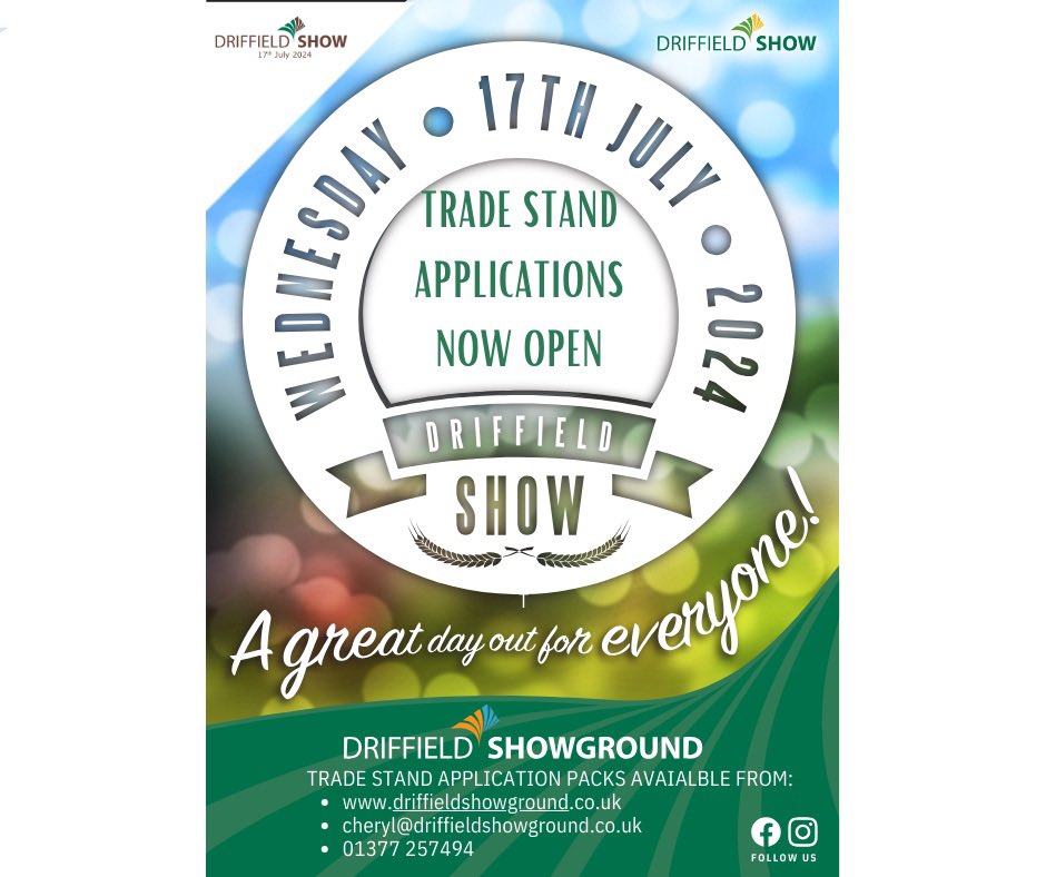 🚨 TRADING OPPORTUNITY 🚨 
You still have time to book a trade stand at the wonderful one day Driffield Show 🚜 visit driffieldshowground.co.uk/tradestands or email cheryl@driffieldshowground.co.uk for more information. <a href="/DriffieldShow/">Driffield Showground</a>