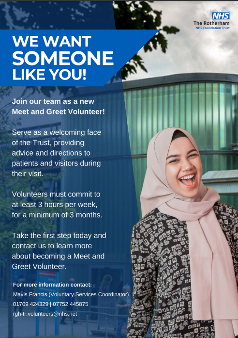 Have you got 3 hours or more to spare a week and want to make a difference? The Rotherham NHS Foundation Trust is looking for people to work as meet and greet volunteers. Could you be the friendly face that greets visitors as they arrive? #volunteer @RotherhamNHS_FT
