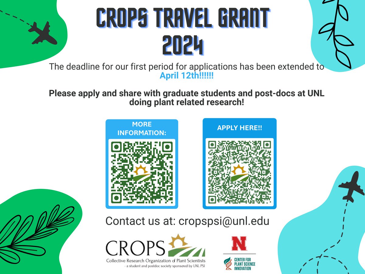UNL CROPS (@cropsunl) on Twitter photo We are happy to announce that we have extended the date for applying for the CROPS TRAVEL GRANT 2024. Please share among early career researchers in your cohorts!
<a href="/ahgsa_unl/">AHGSA UNL</a> <a href="/UNL_Biochem/">Nebraska Biochem</a> <a href="/unlagrohort/">Nebraska Agronomy and Horticulture</a> <a href="/UNL_PlantPath/">UNL Department of Plant Pathology</a> <a href="/UNL_AgResearch/">UNL Ag Research</a> <a href="/UNLresearch/">Nebraska Research</a> <a href="/UNL_PSI/">UNL PSI</a> <a href="/UNLEntomology/">Nebraska Entomology</a> <a href="/UNL_IANR/">Institute of Agriculture and Natural Resources</a> We are happy to announce that we have extended the date for applying for the CROPS TRAVEL GRANT 2024. Please share among early career researchers in your cohorts!
<a href="/ahgsa_unl/">AHGSA UNL</a> <a href="/UNL_Biochem/">Nebraska Biochem</a> <a href="/unlagrohort/">Nebraska Agronomy and Horticulture</a> <a href="/UNL_PlantPath/">UNL Department of Plant Pathology</a> <a href="/UNL_AgResearch/">UNL Ag Research</a> <a href="/UNLresearch/">Nebraska Research</a> <a href="/UNL_PSI/">UNL PSI</a> <a href="/UNLEntomology/">Nebraska Entomology</a> <a href="/UNL_IANR/">Institute of Agriculture and Natural Resources</a>