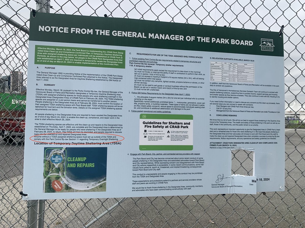 New signage at CRAB Park confirms unhoused people who were not previously living in CRAB Park will not be allowed to stay in the tent city & have their shelter up in the daytime. Instead, they'll be forced to stay outside it & subjected to daily sweeps by park rangers & VPD 1/