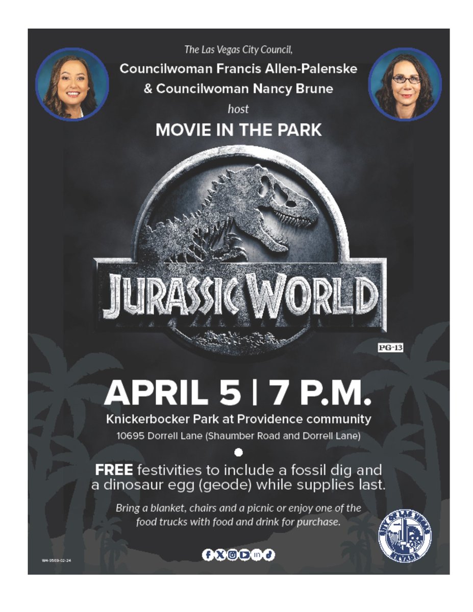 ⏱️Got plans Friday night?? Well now you do. FREE movie in the park at Knickerbocker Park 10695 Dorrell Lane. 🦖Jurassic World will be showing at 7:00pm. See flyer for details.