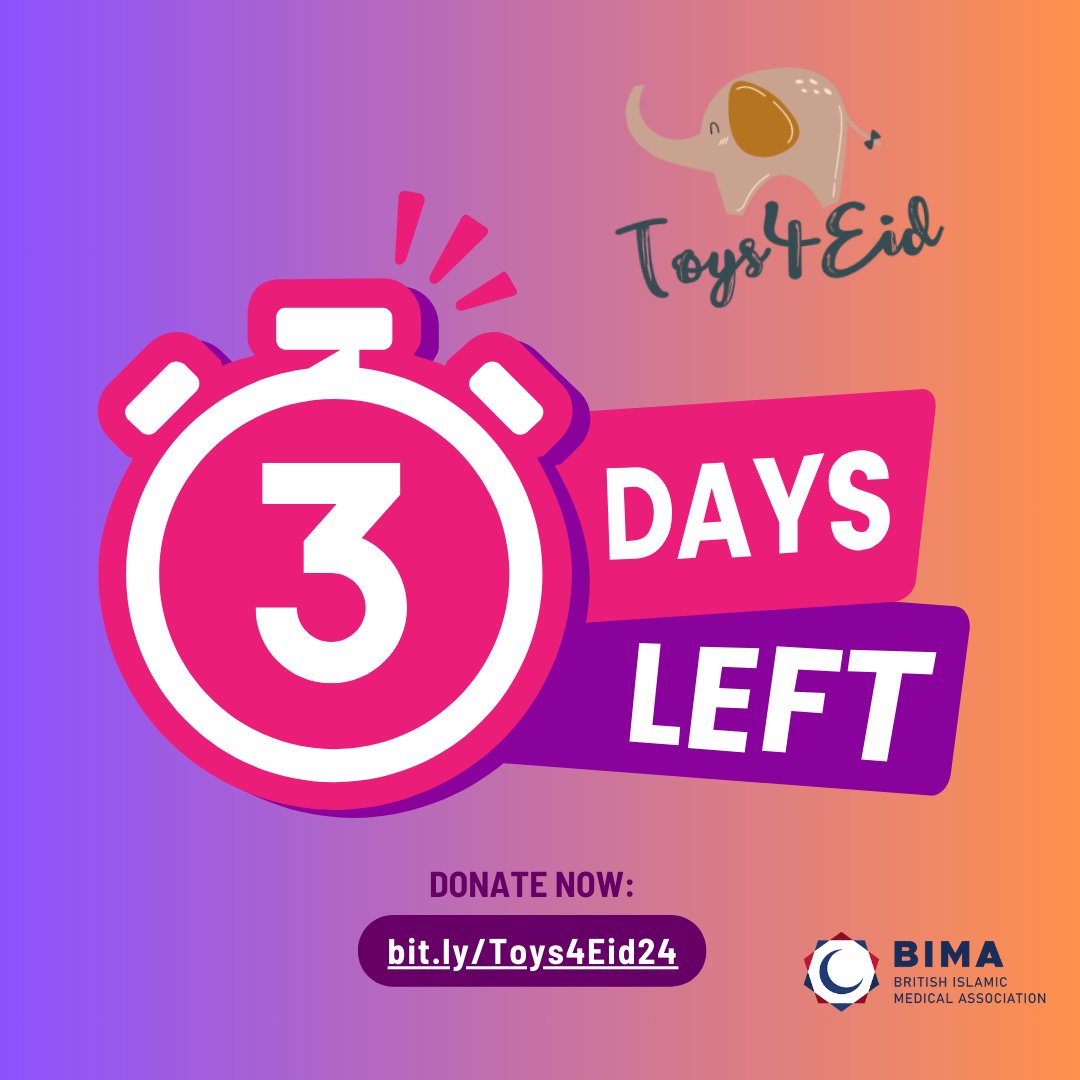 3 DAYS LEFT TO DONATE! ⭐ This Eidul Fitr 2024, help us deliver toys to children in hospitals across the UK. Buy the toy you'd like to donate via the hospital's Amazon wishlist. 🔗 bit.ly/Toys4Eid24 🧐Deadline: 5/4/24 We need your help; please help us spread the word!