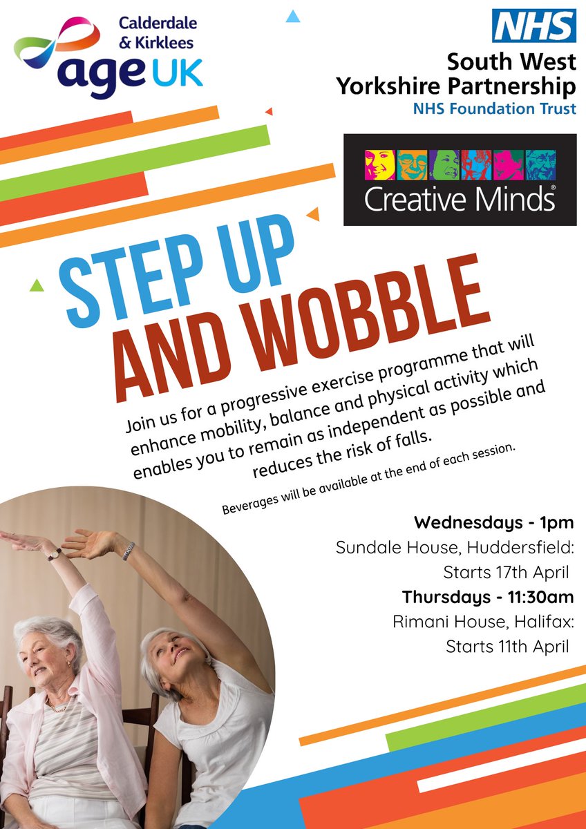 This month we're launching our Step Up and Wobble sessions in partnership with @Creat1ve_M1nds, a charity hosted by South West Yorkshire Partnership NHS Foundation Trust @allofusinmind, with sessions delivered by Plus Health Co. 01422 252 040 enquiry@ageukck.org.uk