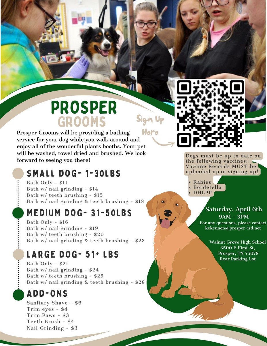 Our Annual Prosper ISD FFA Plant Sale is happening this Saturday at 8AM! 🌿 Don't miss out on the chance to grab some amazing plants for your home or garden.

Calling all dog parents 🗣️🐾 Checkout our Prosper Grooms services below! #PlantSale #SaveTheDate #ProsperISD