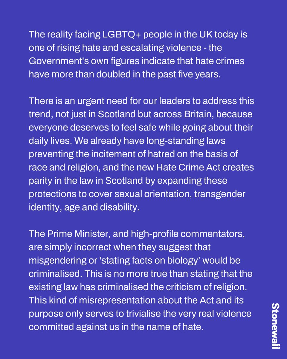 The recent misrepresentation of the new Hate Crime Act in Scotland trivialises the violence our community faces. Our statement⬇️